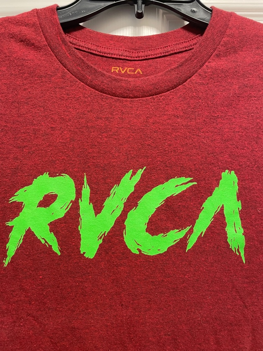 RVCA Red Short Sleeve Tee with Neon Green Logo